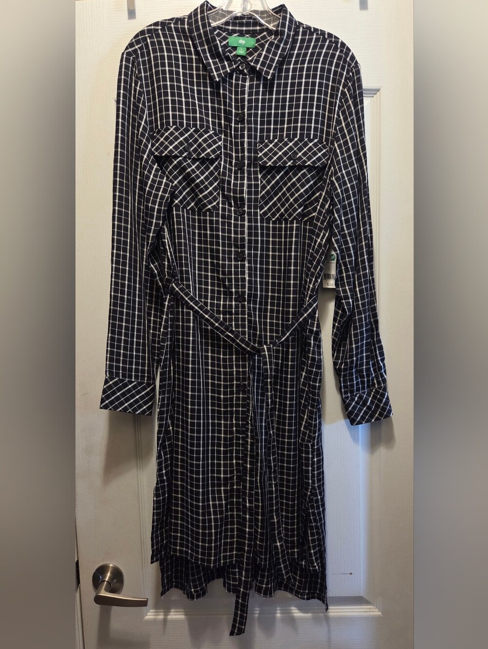 NWT Classic Black & White Plaid Shirt Dress with Waist Tie